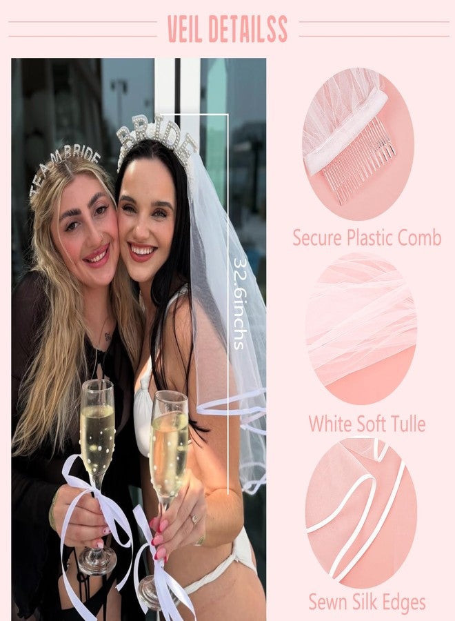 FEINIGESI Pearl Bride Headband with White Bridal Veil and Sash 3 In 1 Set for Bridal Shower Bachelorette Party Decorations Engagement Parties Gift Favors - Image 3